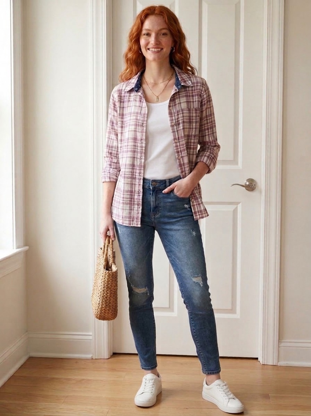 Jachs Plaid Button-Down Shirt in Mauve and White